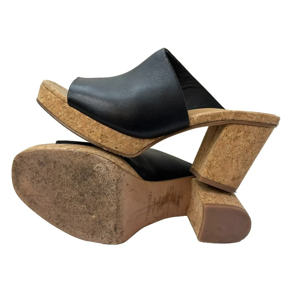 Vince. Wyatt Slide Sandal Cork Platform & Block Heel Black‎ Leather Upper SZ 9.5